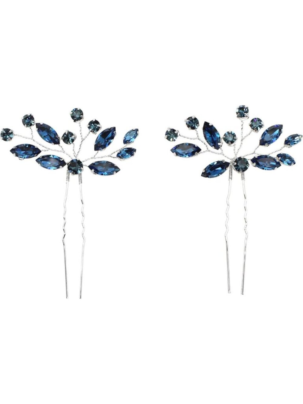 Navy Blue Rhinestone Floral Hair Pins Set - Bridal Accessories, 2 Pcs